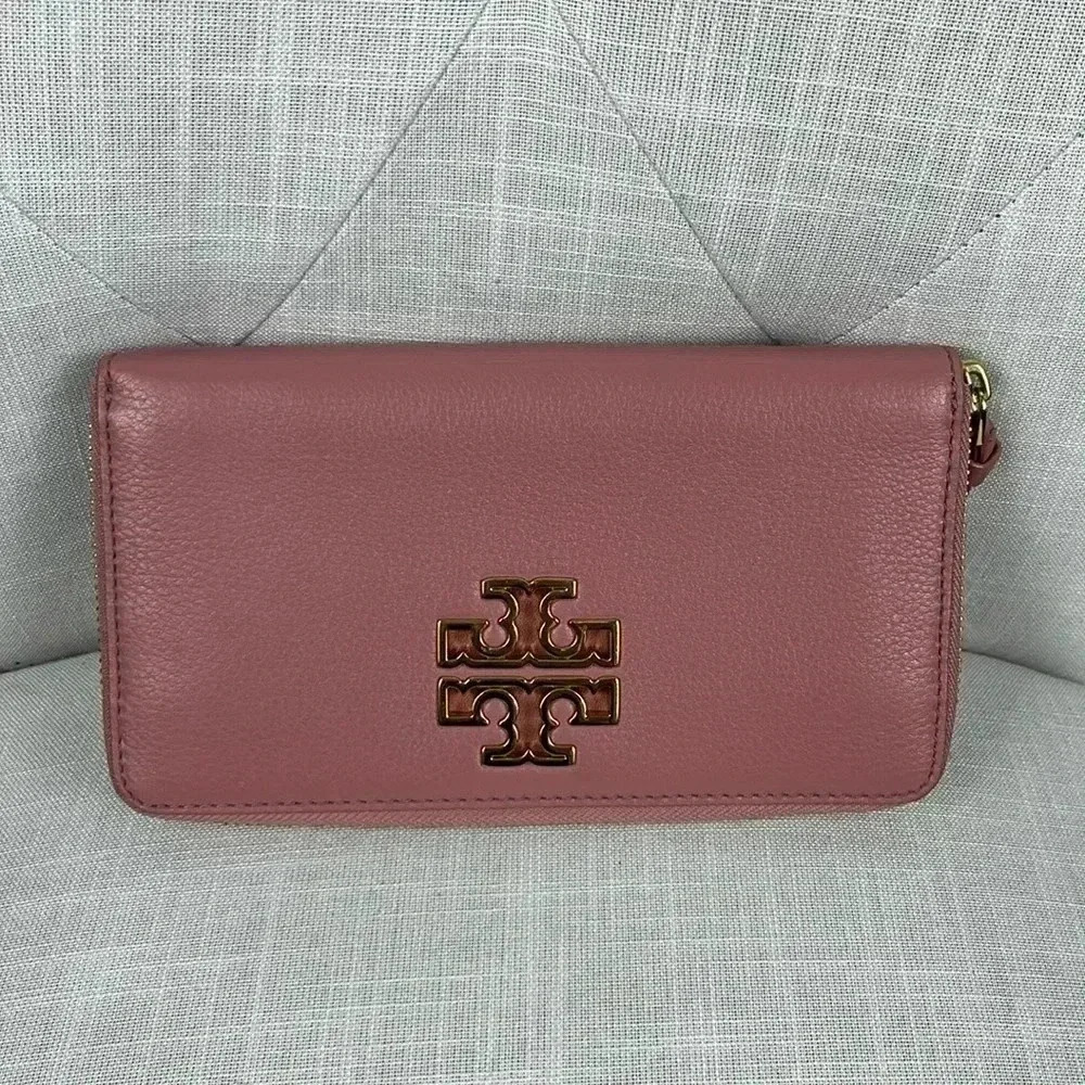 Tory Burch Pink Magnolia Britten Continental Leather Zip Wallet EUC
